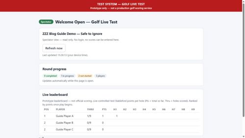 Read-only spectator view showing round progress and a live leaderboard for three fictional players.